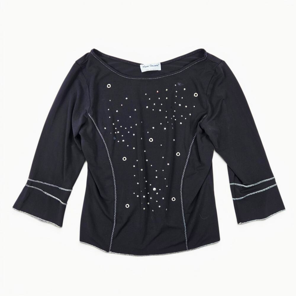 Euro Y2k Top 3/4 Sleeve Black Rhinestone - Size Large